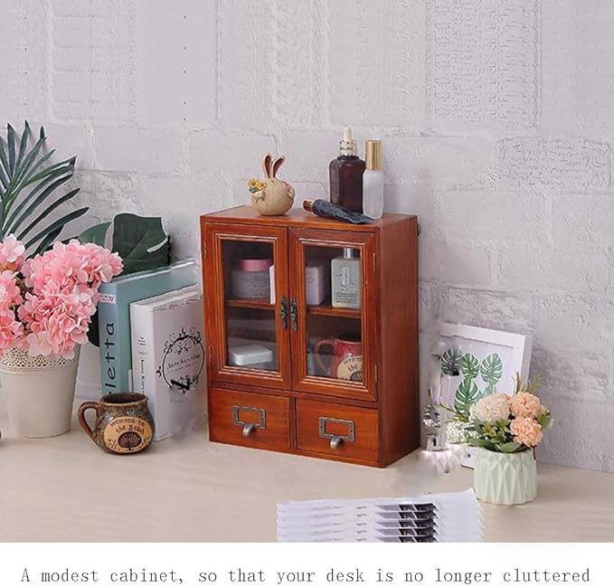 Rustic Vintage Mini Pine Counter Top Cabinet - 12" L x 4.7" W x 14" H with 2 Doors & 2 Drawers, Antique Apothecary Spice Cabinet for Kitchen, Bathroom, Office Organization & Storage(Brown)