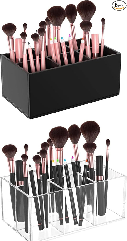 HIIMIEI Black Makeup Brush Holder Organizer Acrylic 6-Slots Cosmetic Brushes Storage Organizer for Vanity Countertop