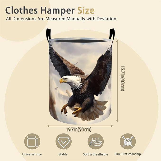 Bald Eagle Laundry Basket Hamper for Boys Girls Kids Adults, Foldable Waterproof Oxford Clothes Storage Bin, American Freedom Bird Organizer for Bedroom Bathroom Room Decor 19.7"x15.8"