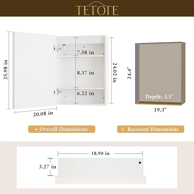 TETOTE White Led Lighted Bathroom Medicine Cabinet with Mirror 20 x 26 Recessed or Surface Mount Metal Framed Medicine Cabinet with Lights, Tempered Glass, 3 Color Dimming, Anti-Fog, 2 Outlets