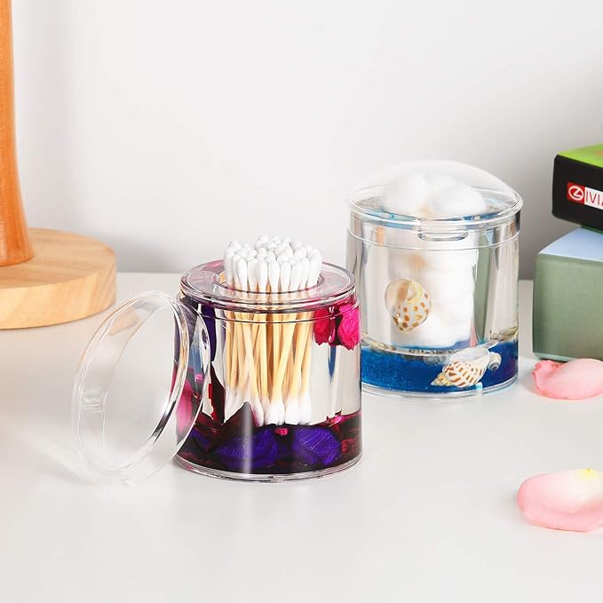 Locco Decor Acrylic Liquid 3D Floating Motion Round Qtip Cotton Ball Swab Holder Dispenser with Lid Leaf
