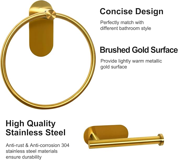 HouseAid Self Adhesive Towel Ring and Toilet Paper Holder Set, Stainless Steel No Drilling Hand Towel Holder Kit for Bathroom, Brushed Gold (2 Pieces)