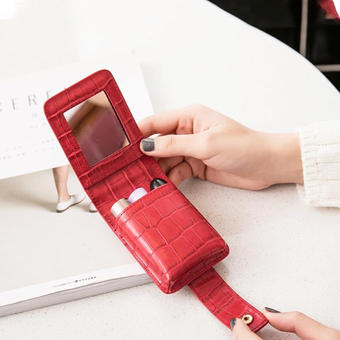 Lipstick Case, Genuine Leather Lipstick Case with Mirror, Lipstick Organizer Mini Cosmetic Storage for Women