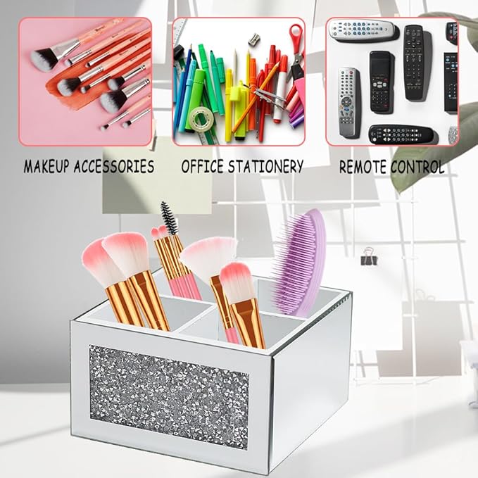 Rotating Makeup Brush Holder Glass, 360 Rotating Crystal Makeup Brush Organizer, Cosmetic Brush Storage Box Crushed Diamond Home Decor Silver Glass Brush Holder for Vanity Dresser 4 Slots