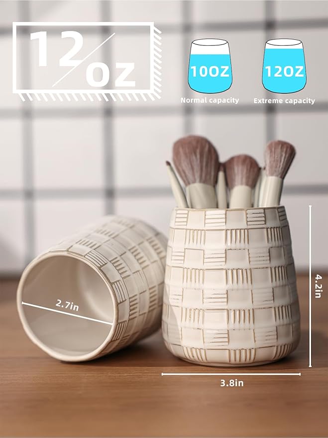 Ceramic Makeup Brush Holders, Bathroom Vanity and Countertop,Make up Brushes Cup for Cosmetics, Lipsticks, Bathroom Vanity Desktop Storage (Vintage White)