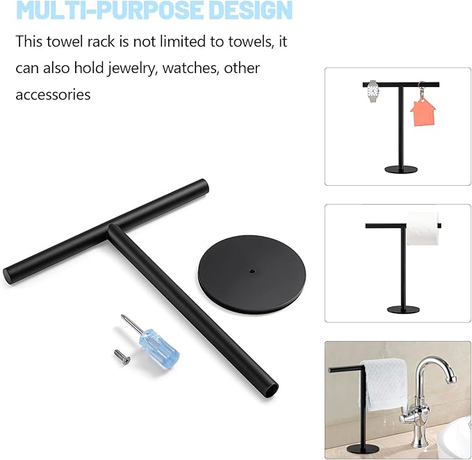 Elibbren Bath Hand Towel Holder Standing, Stainless Steel Matte Black Towel Bar Rack Stand for Bathroom and Kitchen Vanity Countertop, Modern Towel Holder，2 Pack