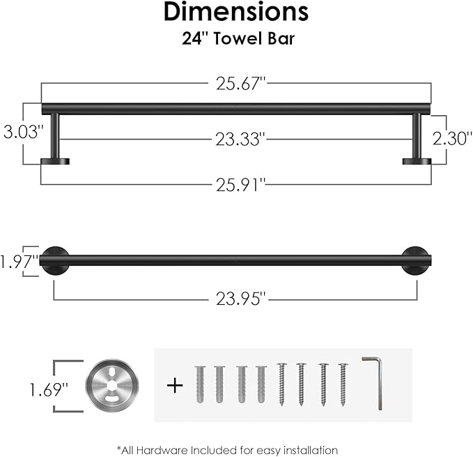 FORIOUS Black Towel Bar for Bathroom Wall, 24 Inch Stainless Steel Towel Racks for Bathroom, Includes Wall Mounting Hardware (Matte Black,Total Length 26-Inch), 2 Pack
