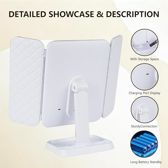LED Foldable Makeup Mirror with 1x/2x/3x Magnification, 3 Color Lighting Modes, Touch Control Dimmable Vanity Mirror, Rechargeable Cosmetic Mirror for Travel & Home (Small)