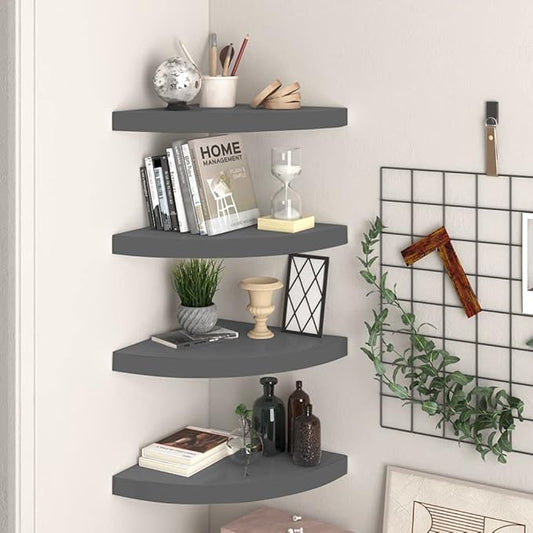 Floating Corner Shelves 4 Pack High Gloss Gray Wall Mounted Display Storage for Living Room Bathroom Kitchen, 13.8x13.8x1.5 Inches MDF with Invisible Mounting System, Holds 11lb Each
