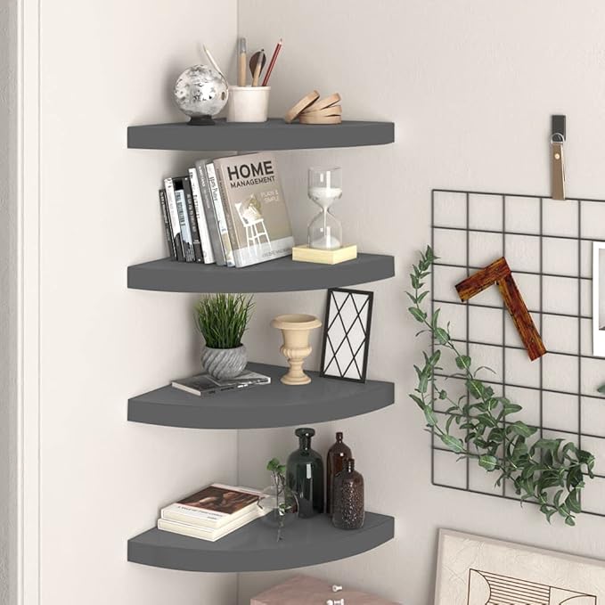 Floating Corner Shelves 4-Pack High Gloss Gray 13.8"x13.8"x1.5" MDF Wall-Mounted Shelves with Invisible Mount for Bathroom Bedroom Living Room Decor