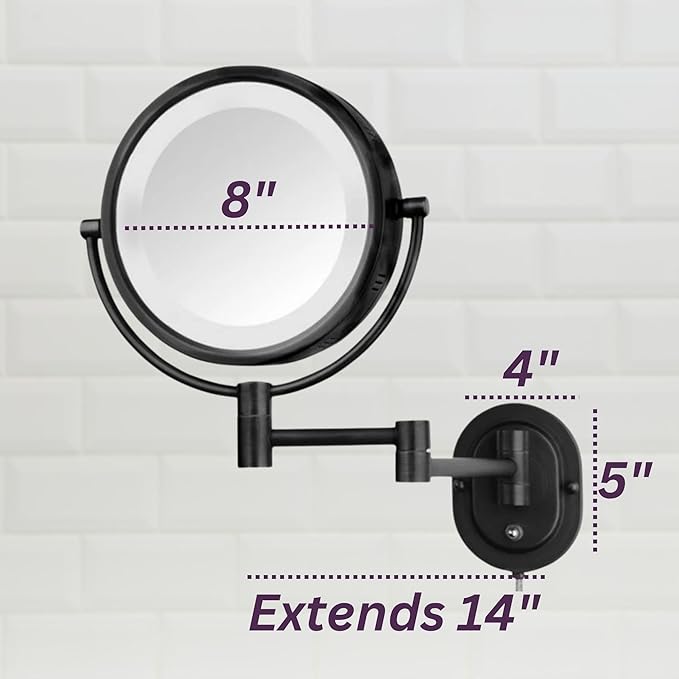 JERDON Wall-Mounted Makeup Mirror with 5X Magnification - Black Makeup Mirror with LED Lights - Plug in - Model HL65BK