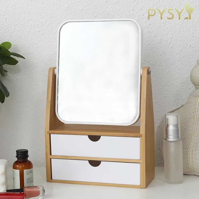 1x / 5X Magnifying Makeup Mirror, Jewelry and Cosmetics Storage Box with Double Drawers, Adjustable Natural Bamboo Stand, 360° rotatable Vertical Desktop Mirror (1, Rectangle)