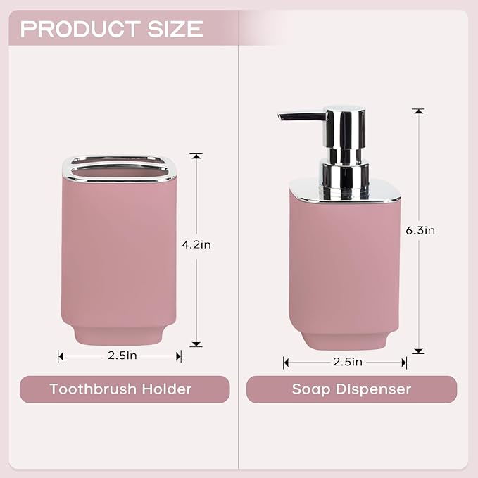 Pink Bathroom Accessories 2 Pieces, Soap Dispenser and Toothbrush Holder Set for Boho Bathroom