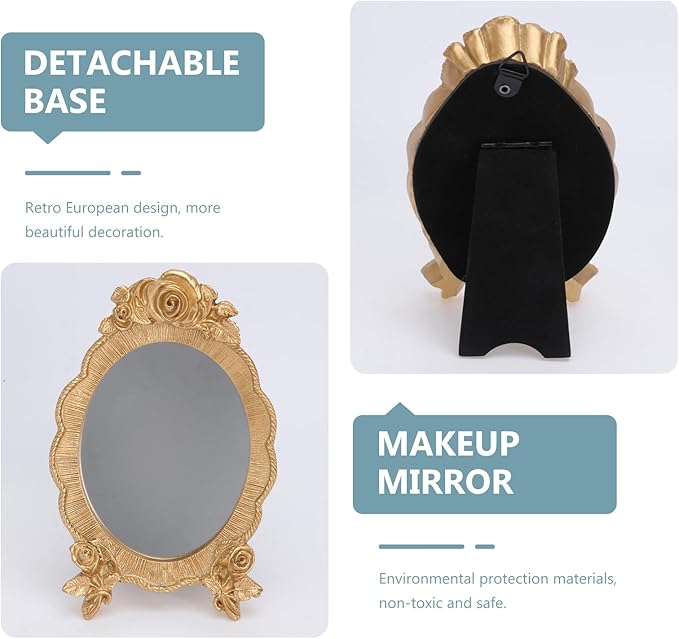 HEALLILY Oval Resin Makeup Mirror Portable European Style Handheld Cosmetic Mirror with Rose Relief Frame Lightweight for Vanity and Travel