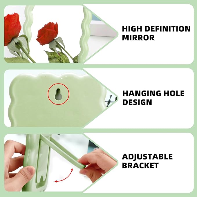 Wave Shaped Table Desk Vanity Makeup Mirror Portable Folding Cute Travel Make Up Mirror for Standing Hanging 6.7X5.3 Inch Home Decoration (Green)