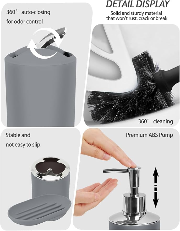 Lnond Grey Black Bathroom Set, 22-Piece Grey Black Geometry Bathroom Decor Set with with Shower Curtain and Rugs, Trash Can, Toilet Brush Holder Set & Soap Dispenser