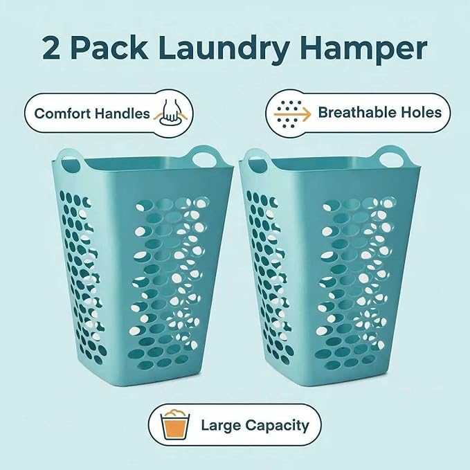 (2 Pack) 2 Bushel Square Laundry Hamper, Teal Lightweight Plastic Tall Laundry Basket with Handles, Ventilation Design for Bedroom, Bathroom, Laundry Room, College Dorm.