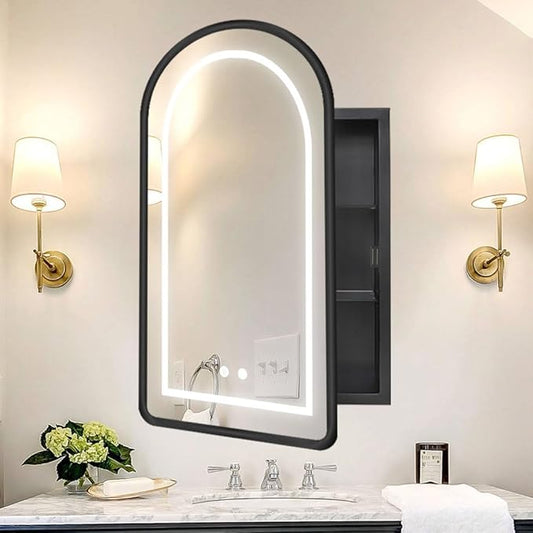 20x31 Inch Arched Medicine Cabinet with LED Mirror - Black Recessed Bathroom Storage, Dimmable Anti-Fog Lighted Mirror Cabinet, Black Arched Medicine Cabinet,Adjustable Shelves