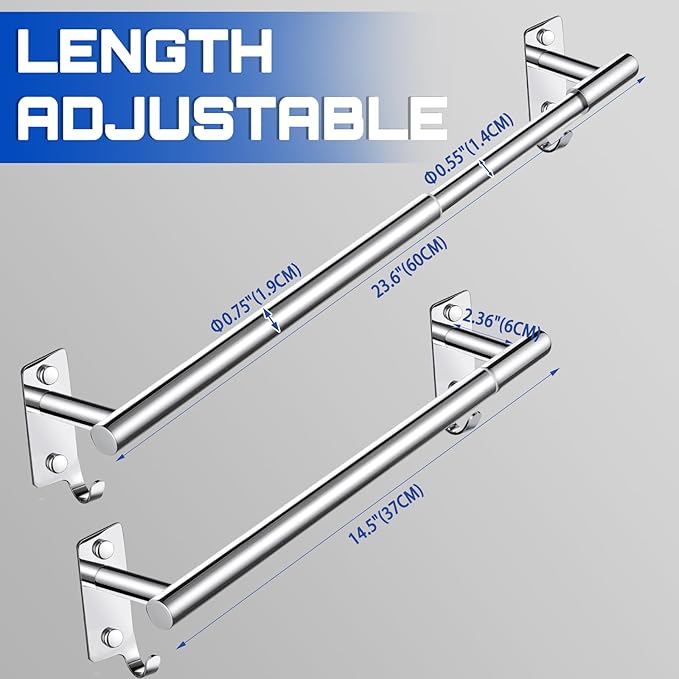 Adjustable Towel Rack for Bathroom, Stainless Steel Sturdy Towel Bar Rod (14.5”-23.6”) Wall Mount, Rustproof Towel Holder with Hanger Hook, Space-Saving Towel Rail for Bathroom Kitchen - Chrome