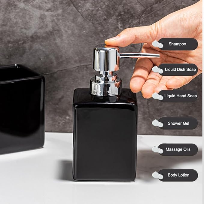 Black Soap Dispenser and Toothbrush Holder with Tray,Ceramic Bathroom Accessories Set Modern Decor Bath Set,Countertop Organizer
