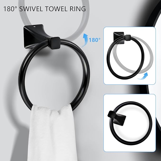 5-Piece Matte Black Bathroom Hardware Accessories Set, Stainless Steel Bathroom Towel Bar Set, 24 Inch Towel Bar, Towel Ring, Toilet Paper Holder, 2 Towel Hooks, Towel Racks for Bathroom Wall Mounted