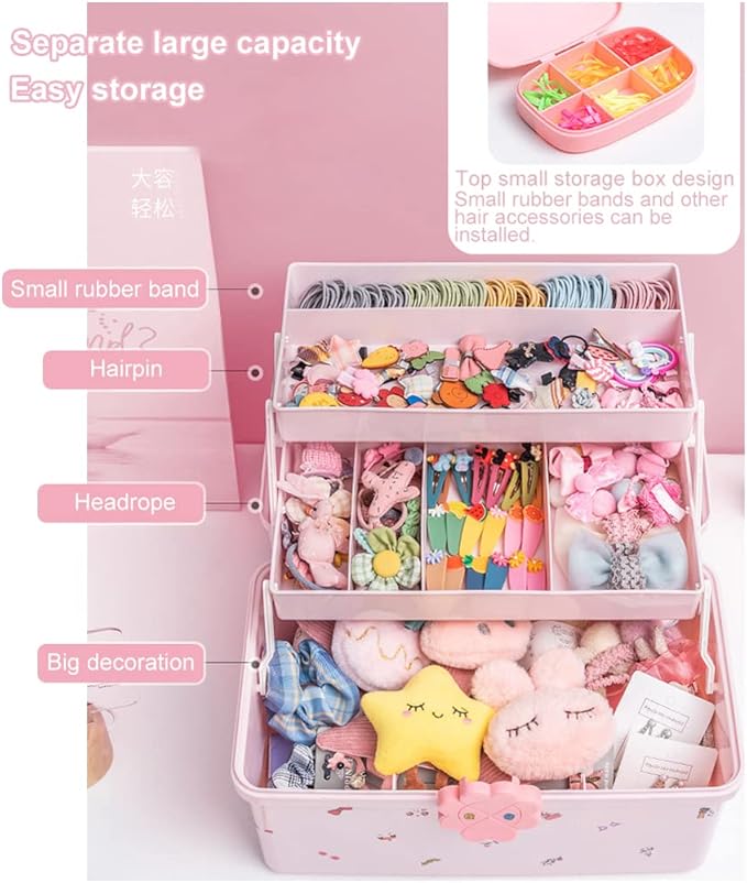 Cute Hair Accessories Organizer for Baby Girls 3-Layers Pink Plastic Hairpin Hairline Headband Storage Box Portable Lockable Hair Jewelry Container