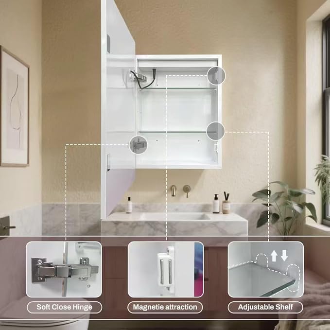 LED White Medicine Cabinet with Light,16×24inch,Recess Mirror Cabinet for Bathroom,3 Color,Dimmable,Demister,Detachable Side Plate,Recess Mount or Surface Mount
