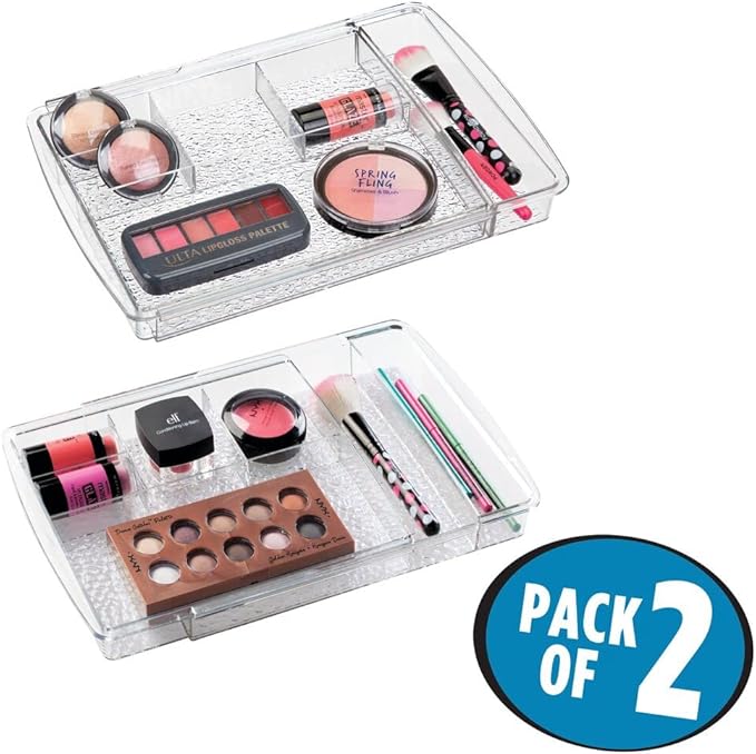 mDesign Expandable Makeup Organizer for Bathroom Drawers, Vanities, Countertops: Organize Makeup Brushes, Eyeshadow Palettes, Lipstick, Lip Gloss, Blush, Concealer - Adjustable Width, 2 Pack - Clear