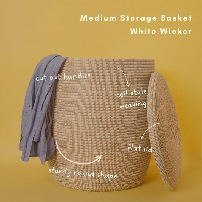 White Basket with Lid, Medium Size, 20 Inch Tall, 18 Inch Wide