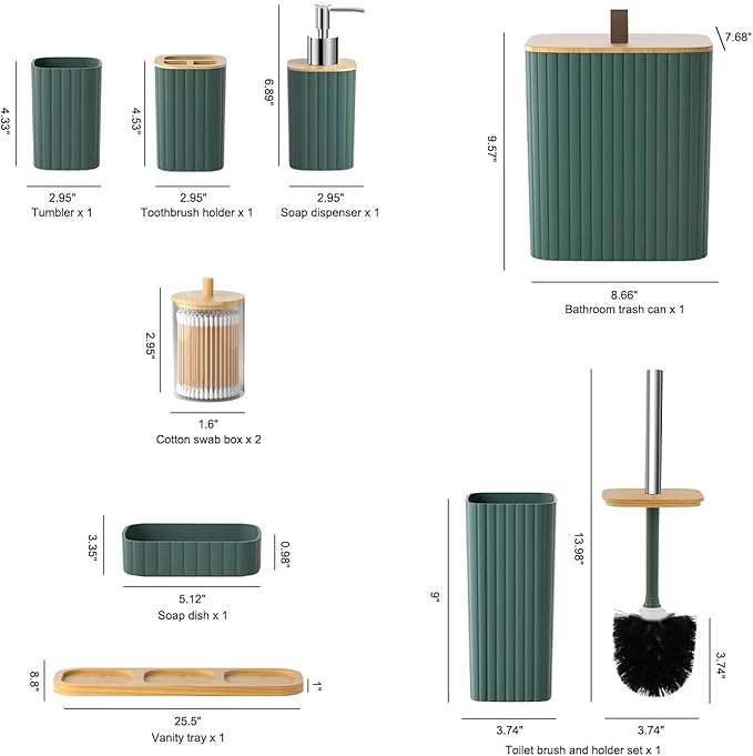 Bathroom Set - 9PCS Green Bathroom Accessories Set Toilet Brush Holder Set Soap Dispenser Decorative Countertop Bathroom Accessory Set with Trash Can Bathroom Decor Set for Home, Restroom