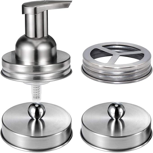 Mason Jar Bathroom Accessories Set(4pcs)- Jars Not Included - Foaming Soap Dispenser,Toothbrush Holder, and Apothecary Storage Jars Lids -Rustic Farmhouse Decor,Brushed Nickel