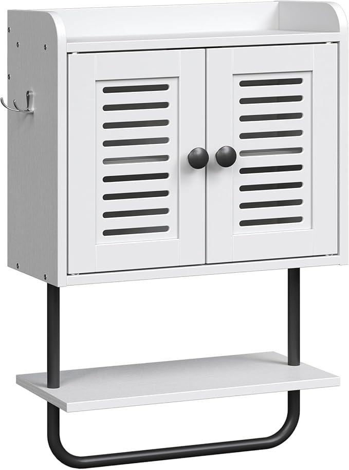 HOOBRO Medicine Cabinet, Double Doors Bathroom Wall Cabinet with Towel Bar, Adjustable Shelf, 2 Hooks, Over The Toilet Storage Cabinet, for Bedroom, Kitchen, White BW46CW01