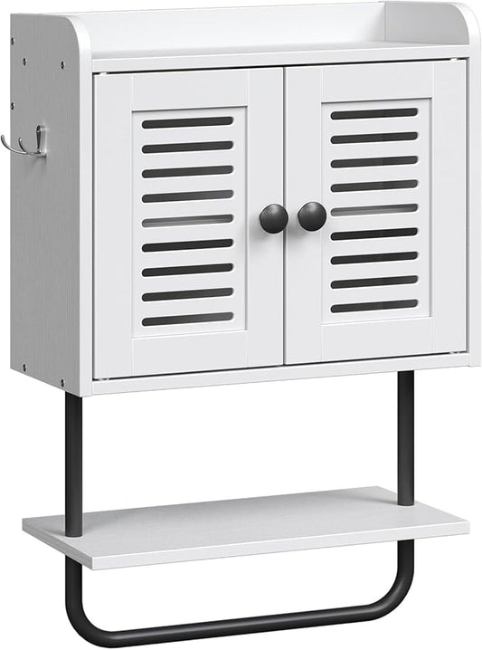 HOOBRO Medicine Cabinet, Double Doors Bathroom Wall Cabinet with Towel Bar, Adjustable Shelf, 2 Hooks, Over The Toilet Storage Cabinet, for Bedroom, Kitchen, White BW46CW01