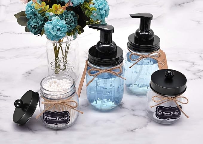 Amolliar Mason Jar Foaming Soap Dispenser, Rustproof Stainless Steel Lid,BPA Free Pump, Waterproof Labels, Rustic Farmhouse Decor, Refill Hand Soap Dispenser for Bathroom, Vanity, Kitchen, Countertop
