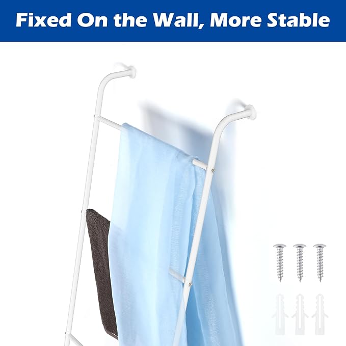 Blanket Ladder Decorative Towel Rack Holder for Bathroom, Wall Leaning Metal Drying Quilt Stand for Living Room Bedroom Farmhouse Home Decor, for Women Mom Mother Her Wife - White