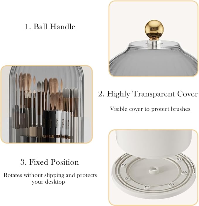 Makeup Brush Holder Organizer with Lid, 360?? Rotating Clear Dustproof Cosmetics Storage, Makeup Brushes Cup Pen Holder for Vanity Desktop Bathroom Countertop (Clear Black Cap)