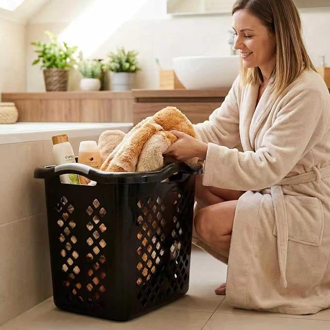 2-Pack Plastic Laundry Hamper, 2 Bushel Large Laundry Basket with Silver Carry Handles, Easy Carry Dirty Clothes Hamper Bin for Home & Apartment