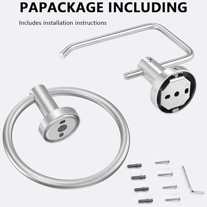 Towel Ring and Toilet Paper Holder Set, Stainless Steel Bath Towel Hanger and Tissue Roll Holders, Bathroom Hardware Accessories Wall Mounted 2 Pieces (Brushed Nickel)