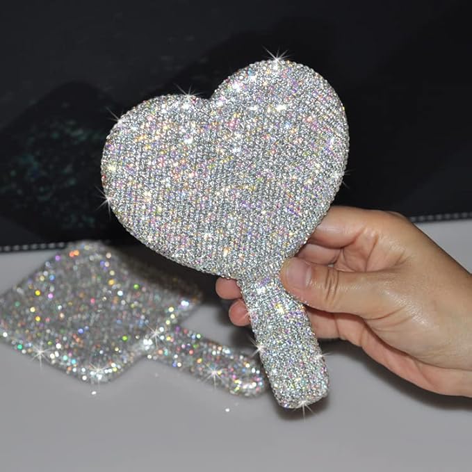 Bling Rhinestone Heart Handheld Mirror - Portable & Dazzling Makeup Mirror for On-The-Go Touch-ups (Plastic White)