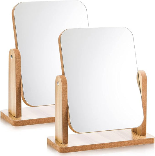 DEAYOU 2 Pack Vanity Mirror with Wood Stand, 360 Degree Rotation Makeup Mirror, Small Standing Swivel Cosmetic Mirror, Portable Wood Tabletop Mirror for Desk, Make Up, Gift, High-Definition
