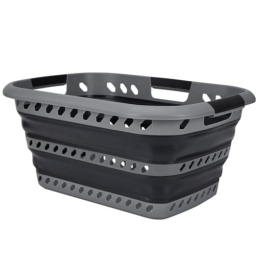 Collapsible Laundry Basket | Portable | Space Saver Storage | Hold 2 Loads | Store Under the Bed or Closet | Good for Kids | Dorm | Bedroom | Large | Grey/Black