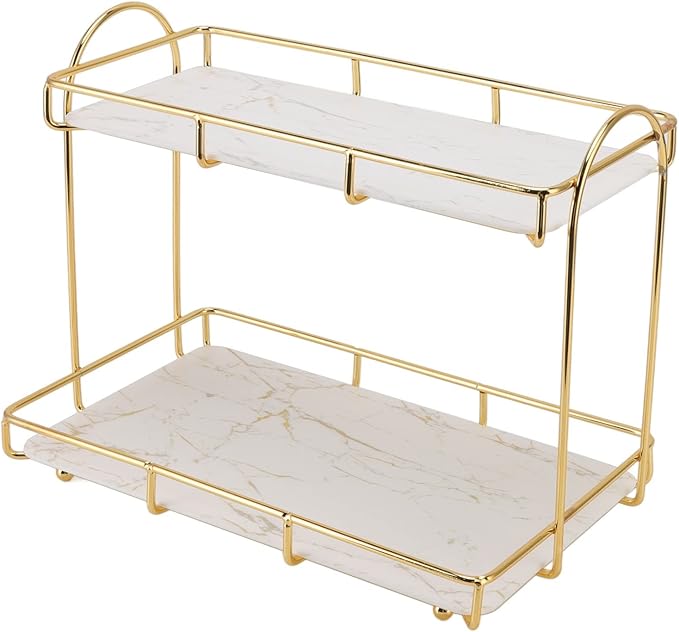 2 Tier Cosmetic Storage Rack Large Capacity Gold Metal Storage Shelf for Bathroom Kitchen Bedroom