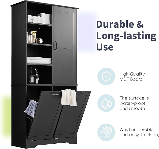 Virubi Tall Laundry Cabinet with 2 Tilt Out Hamper, Wood Bathroom Storage Cabinet with Doors and Adjustable Shelves Freestanding (Black)