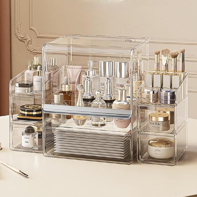 Makeup Organizer with Lid Drawers Translucent Skincare Holder Large Capacity Cosmetics Countertop Storage Box for Vanity Easy Visibility Dustproof (Silver Clear,Large + Brush + Cream Organizer)