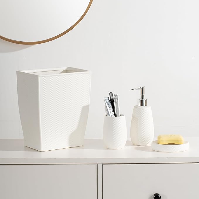 White Bathroom Accessories Set, 3pcs Ceramic Wave Design Farmhouse Decor, Complete countertop Bathroom Decor with soap Dispenser，Toothbrush Holder and soap Dish for Stylish Bathroom Organization