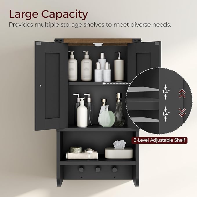 MAHANCRIS Bathroom Wall Cabinet, Farmhouse Medicine Cabinet with Adjustable Shelf, 3-Tier Wall-Mounted Storage Cabinet with 3 Hooks and Open Shelf, for Bathroom, Living Room, Kitchen, Black and Walnut