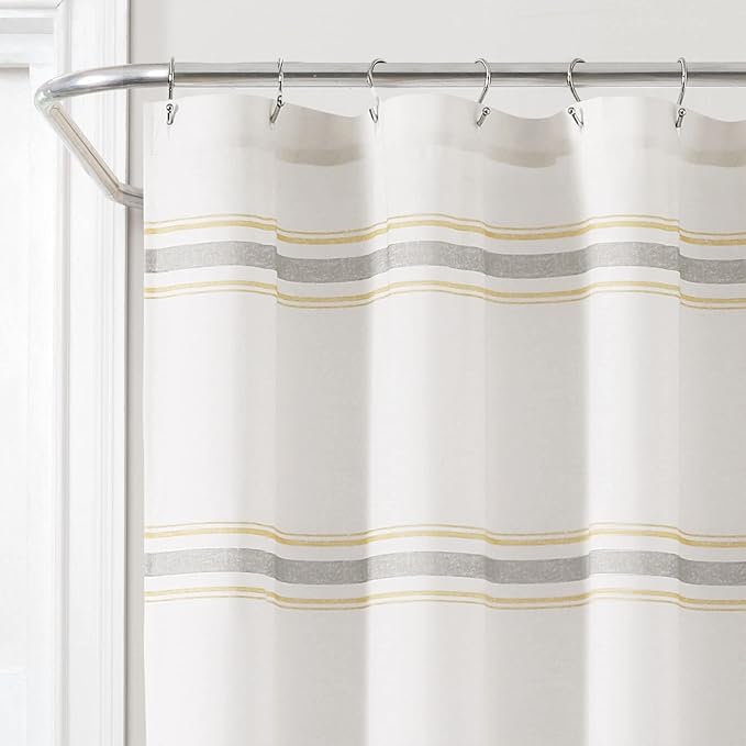 Lush Decor Farmhouse Stripe Cotton Shower Curtain, 72" W x 72" L, Yellow & Gray - Striped Bathroom Curtain - Fabric Shower Curtains - Farmhouse Bathroom Decor