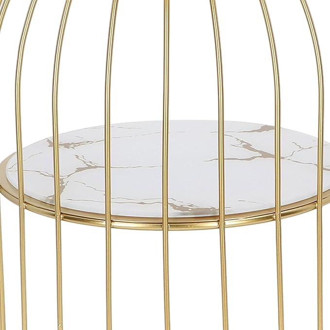 Double Layer Storage Shelf Bird Cage Organizer Display Rack for Bathroom Countertop Dressing Table Gold Frame (White Base Gold Pattern)