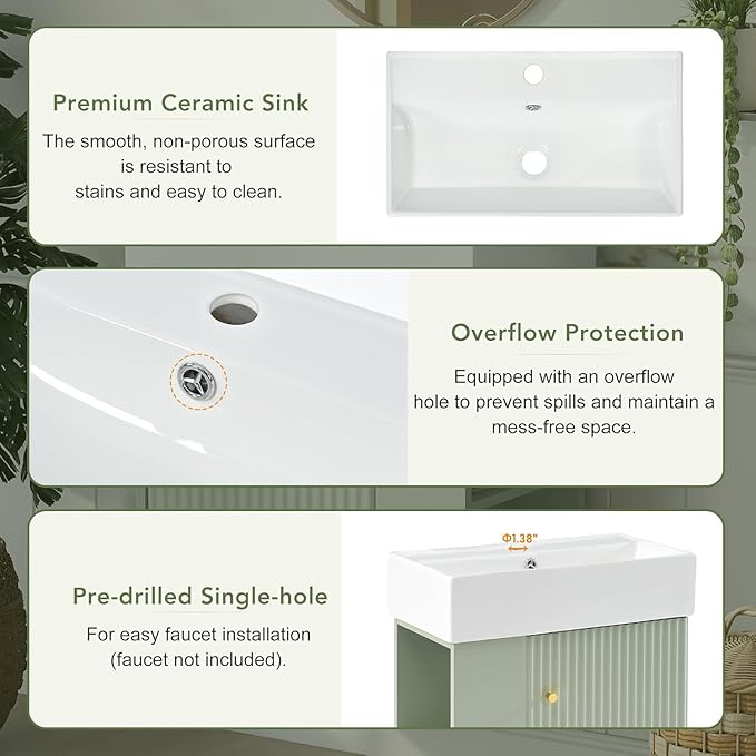 Virubi 21.6 in Floating Bathroom Vanity with Sink,Soft Closing Doors,Solid Wood Frame & MDF Modern Single Small Green Bathroom Vanity Cabinet with Open Shelf,Wall Mounted