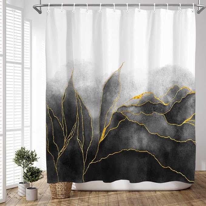 Black and Gold Shower Curtain Stylish Ombre Black Marble Bath Art Decor Curtains Abstract White Golden Leaves Fabric Curtains for Bathroom Waterproof Polyester 72 x 72 Inches